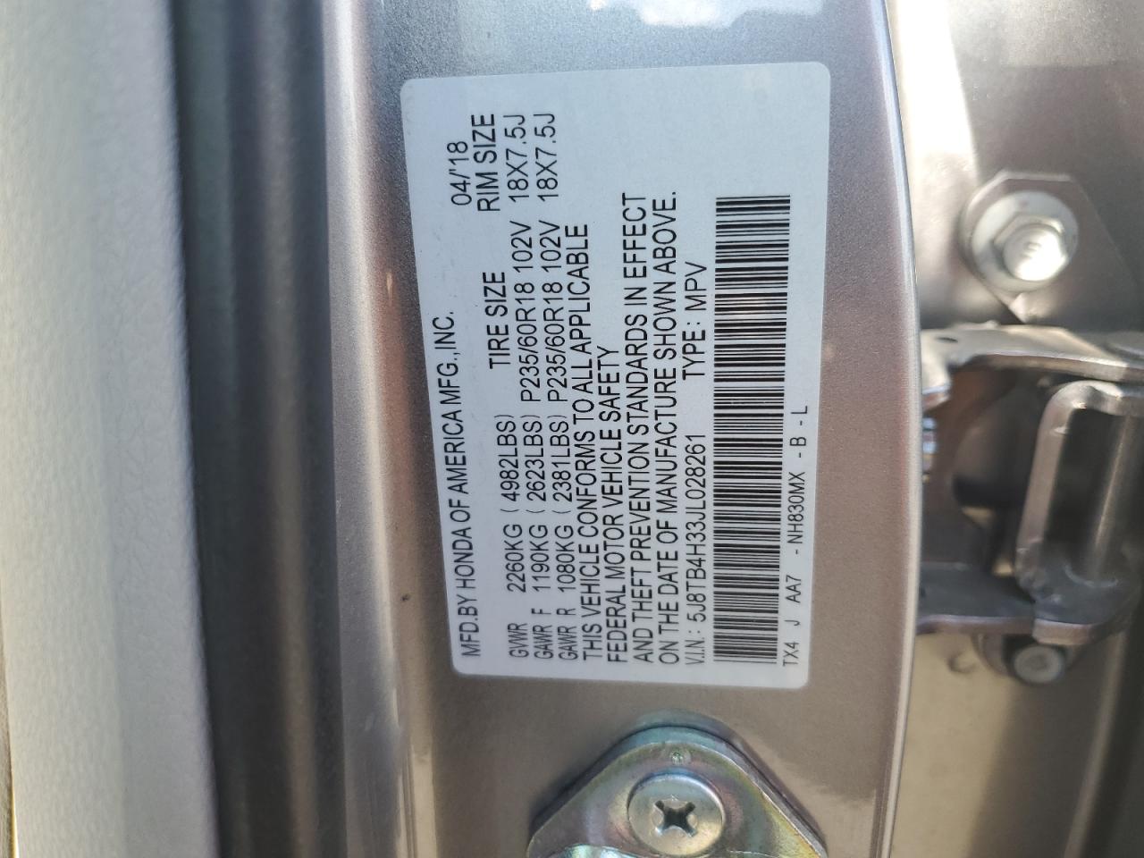 2018 Acura Rdx VIN: 5J8TB4H33JL028261 Lot: 71152015