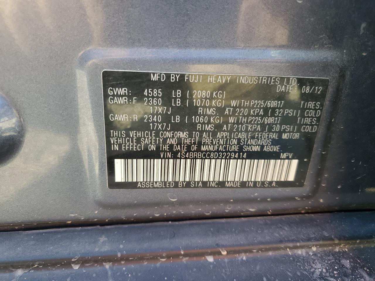 2013 Subaru Outback 2.5I Premium VIN: 4S4BRBCC8D3229414 Lot: 69238125