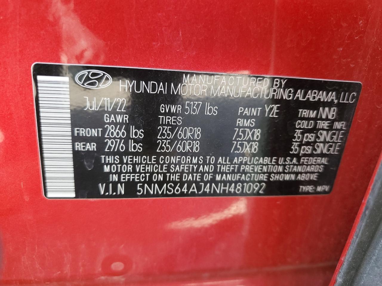 2022 Hyundai Santa Fe Sel VIN: 5NMS64AJ4NH481092 Lot: 69436955