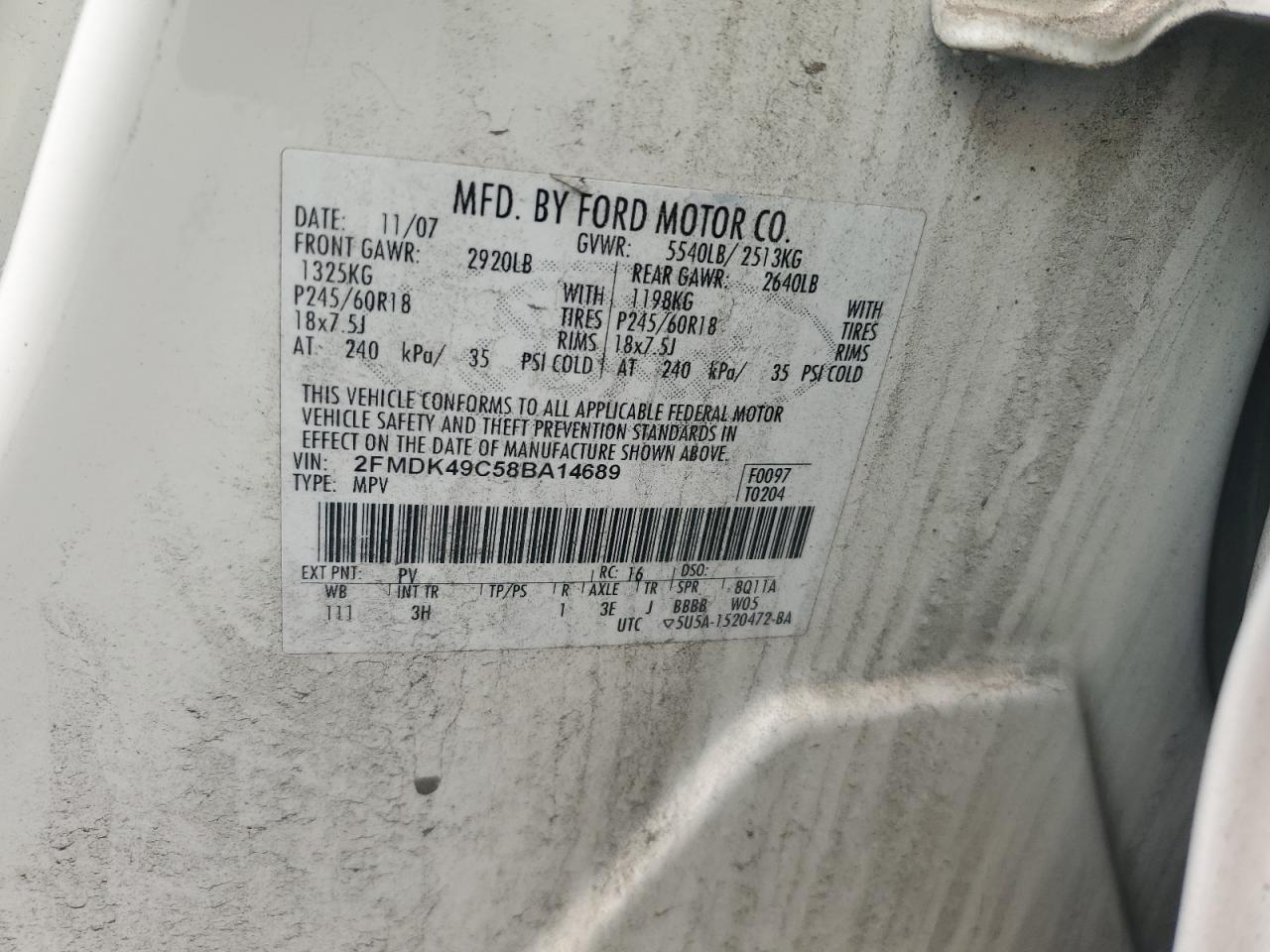 2008 Ford Edge Limited VIN: 2FMDK49C58BA14689 Lot: 67771135