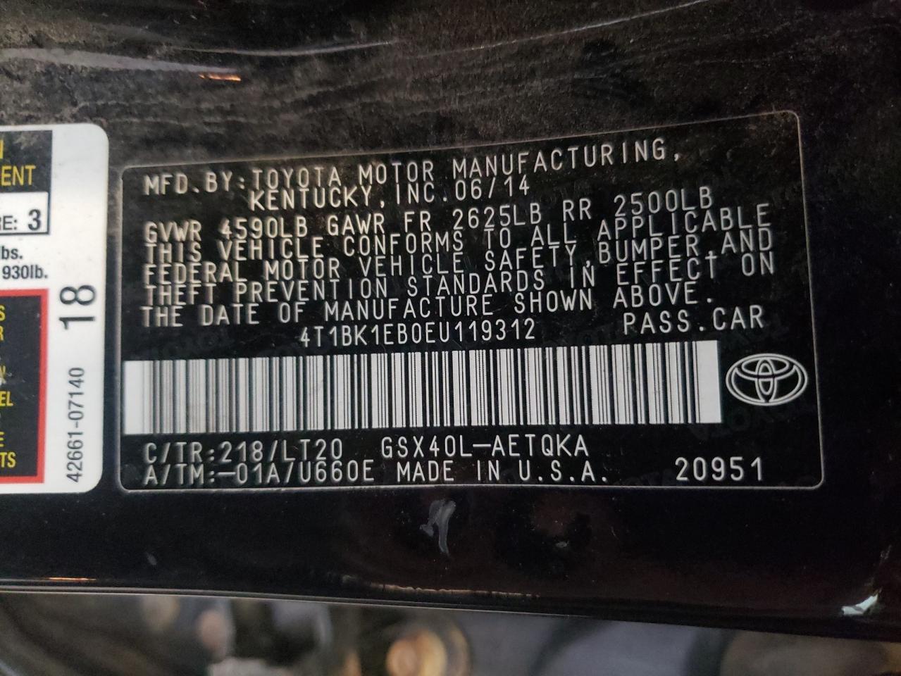 2014 Toyota Avalon Base VIN: 4T1BK1EB0EU119312 Lot: 67273735