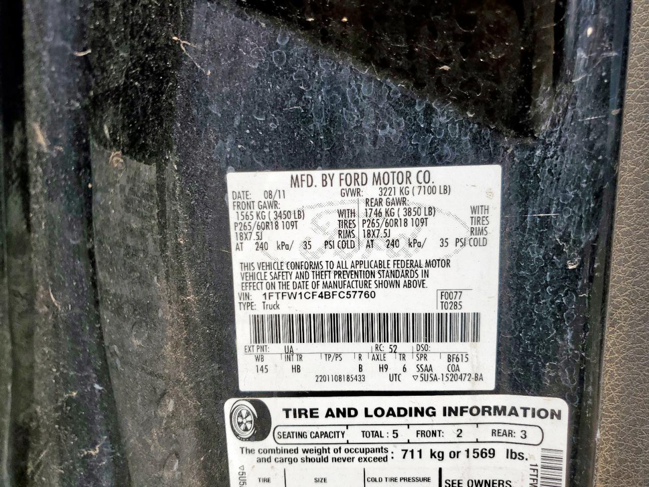 2011 Ford F150 Supercrew VIN: 1FTFW1CF4BFC57760 Lot: 69328845