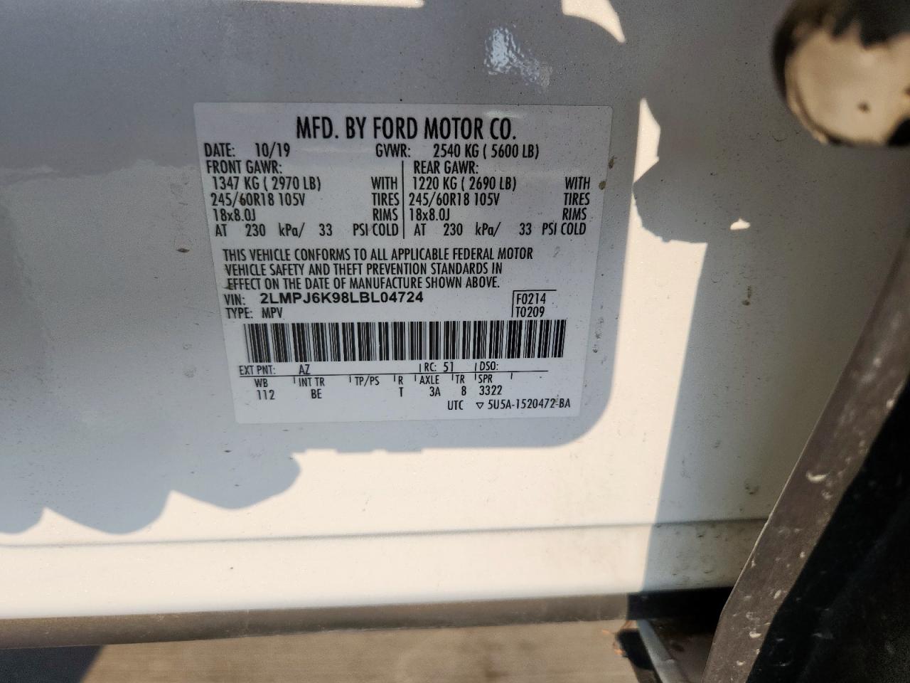 2020 Lincoln Nautilus Reserve VIN: 2LMPJ6K98LBL04724 Lot: 69991755