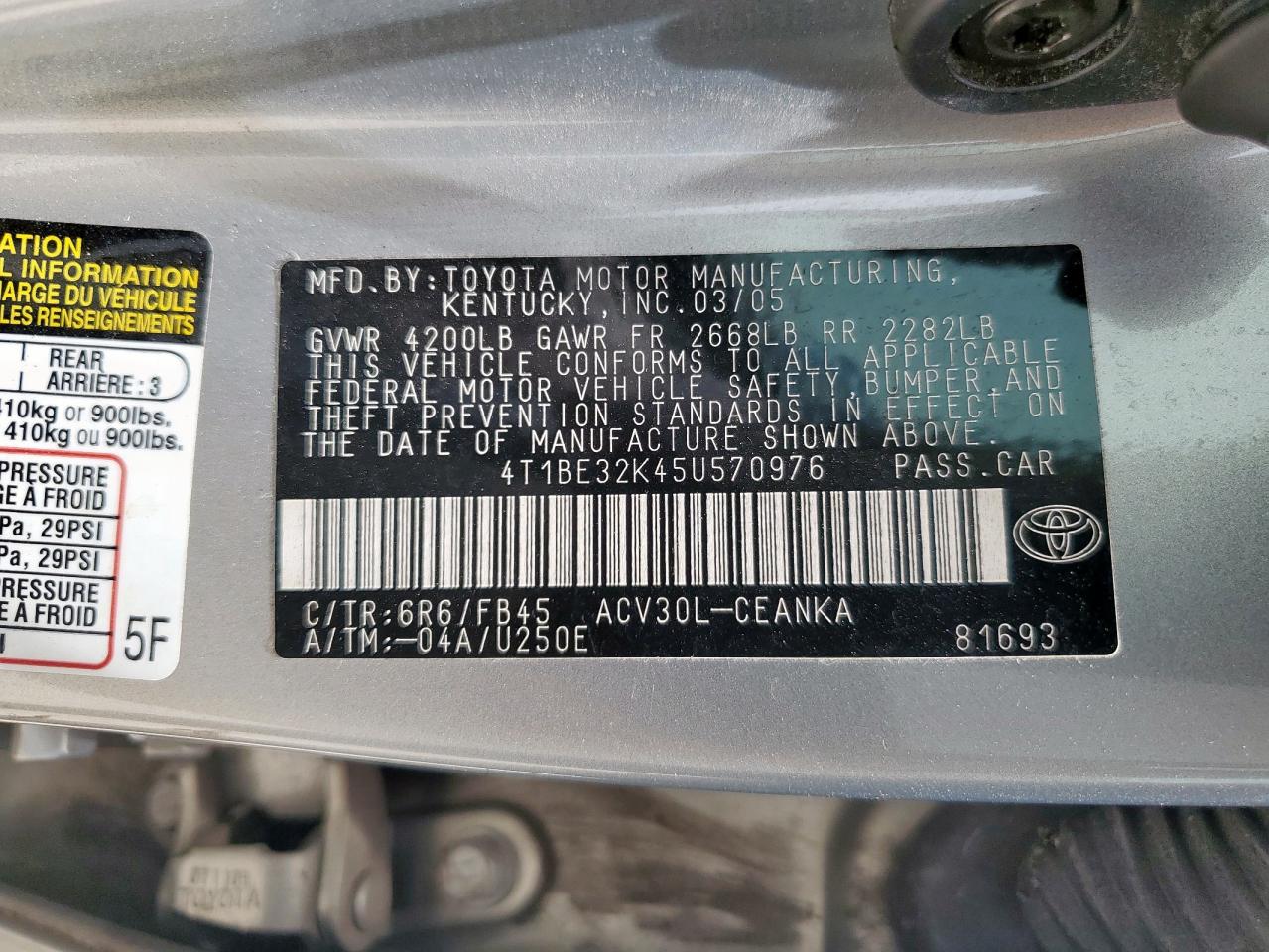 2005 Toyota Camry Le VIN: 4T1BE32K45U570976 Lot: 69591995