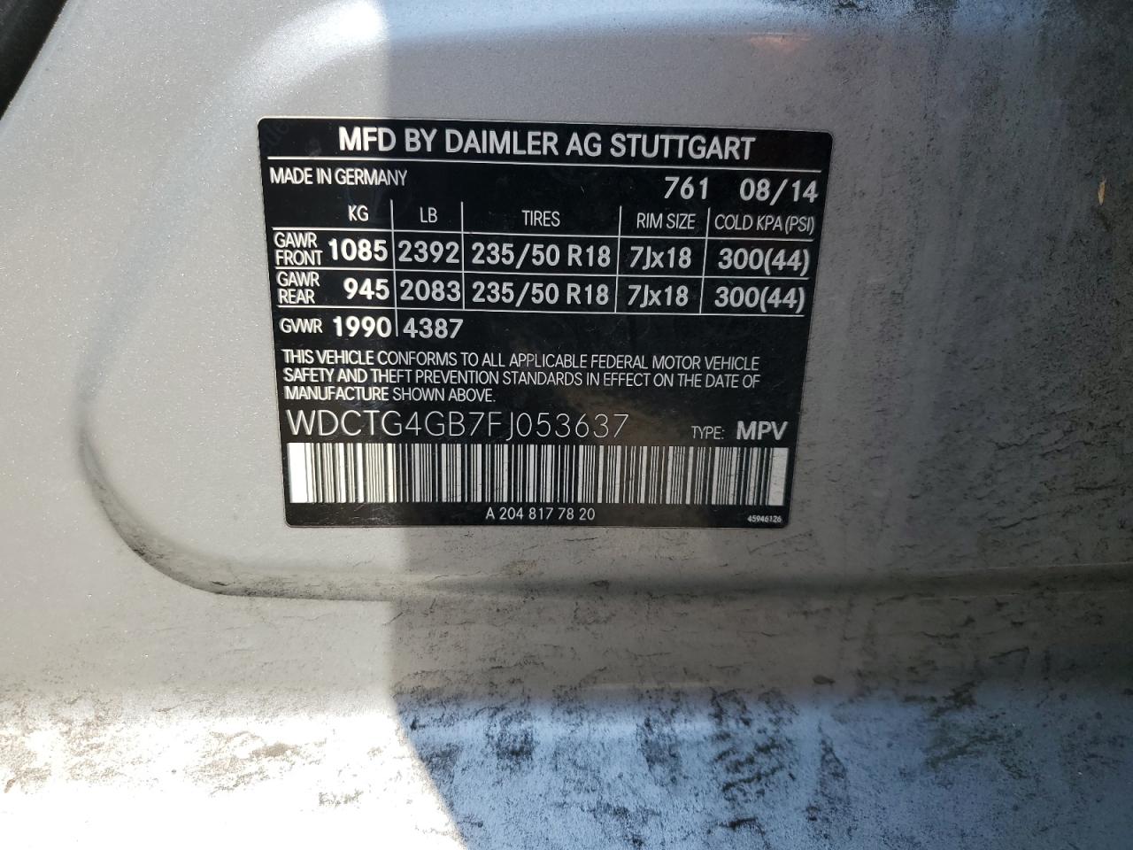 2015 Mercedes-Benz Gla 250 4Matic VIN: WDCTG4GB7FJ053637 Lot: 67250655