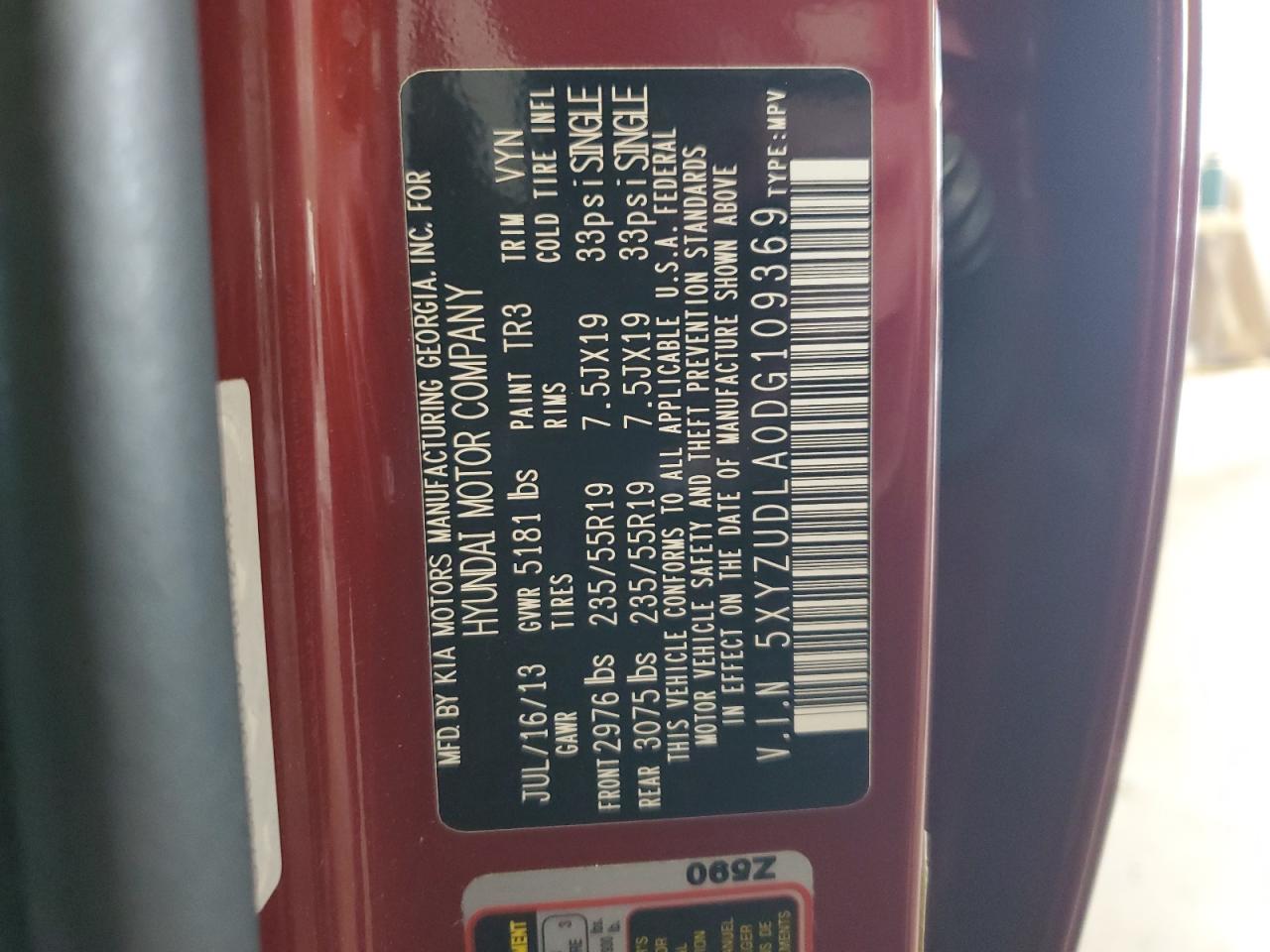 2013 Hyundai Santa Fe Sport VIN: 5XYZUDLA0DG109369 Lot: 70085045