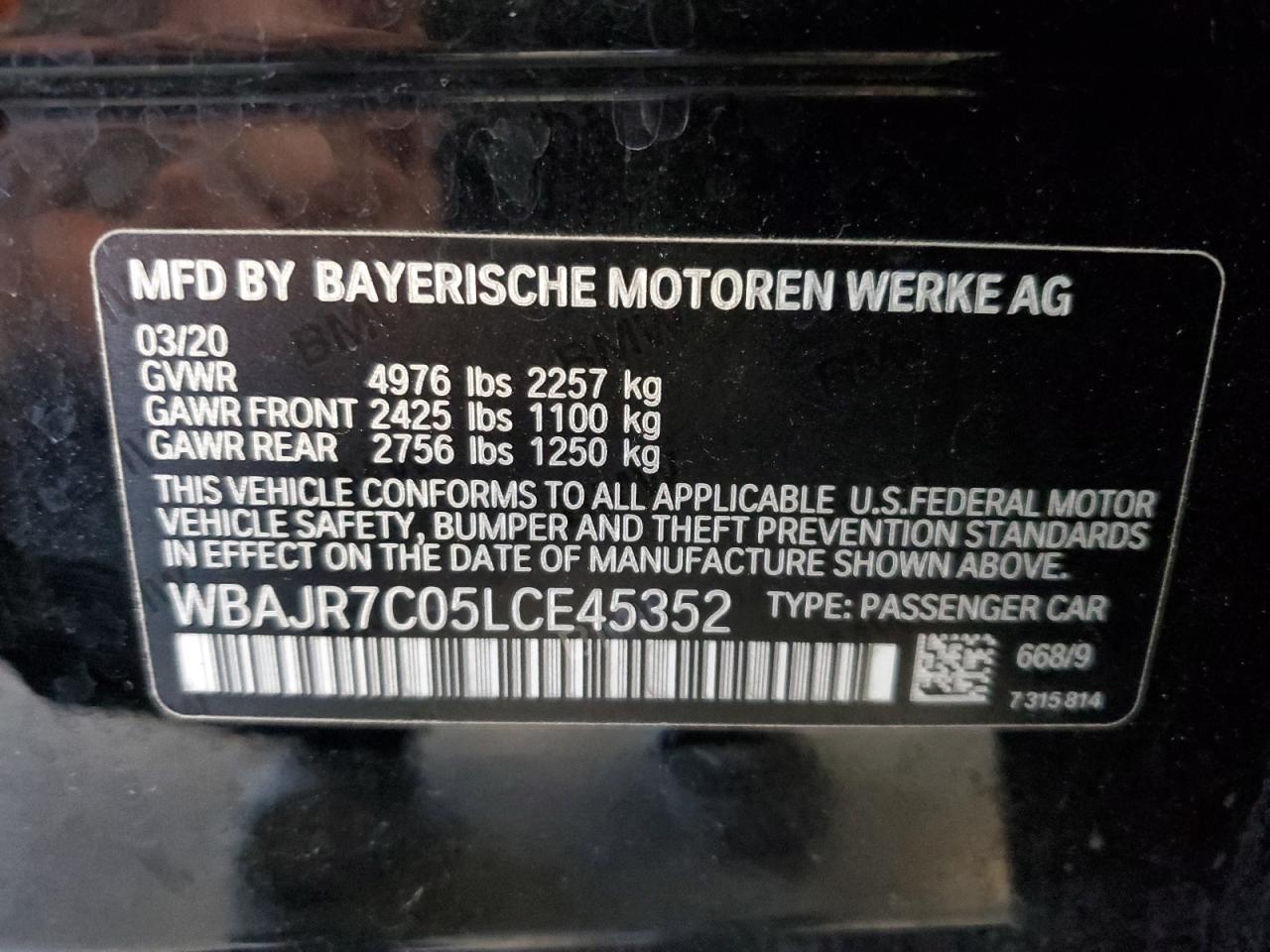 2020 BMW 530 Xi VIN: WBAJR7C05LCE45352 Lot: 71014495