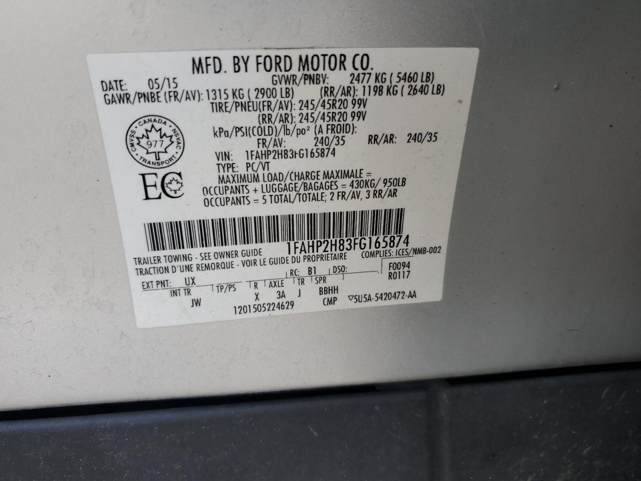 2015 Ford Taurus Sel VIN: 1FAHP2H83FG165874 Lot: 68160665