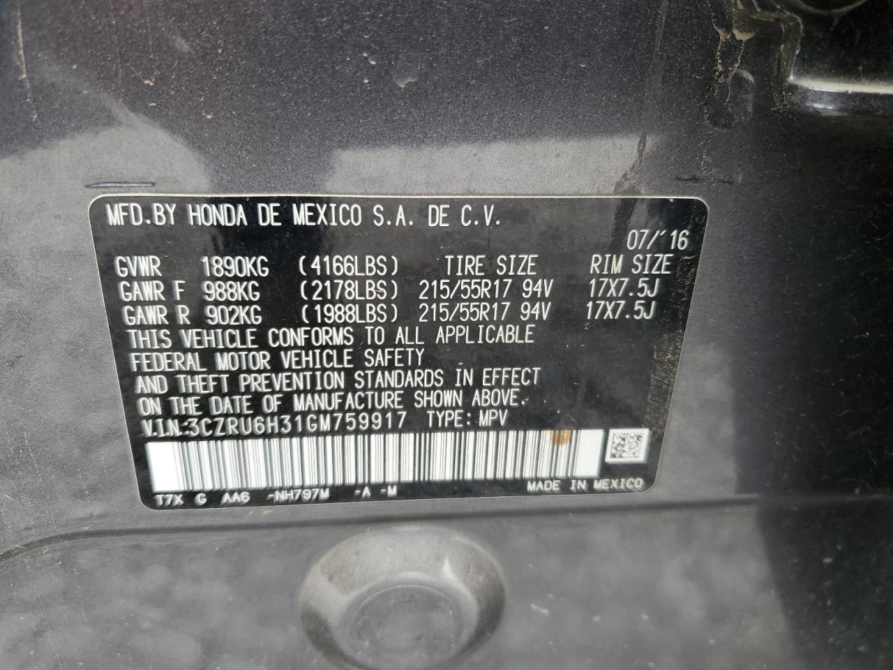2016 Honda Hr-V Lx VIN: 3CZRU6H31GM759917 Lot: 67147015