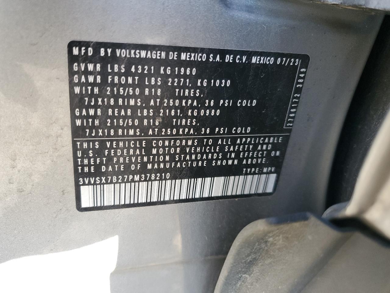 2023 Volkswagen Taos Se VIN: 3VVSX7B27PM378210 Lot: 69984125