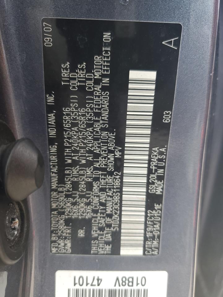 2008 Toyota Sienna Ce VIN: 5TDZK23C98S118642 Lot: 69783865