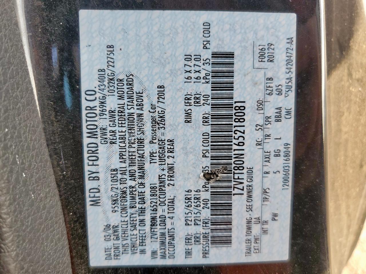 2006 Ford Mustang VIN: 1ZVFT80N165218081 Lot: 70607395