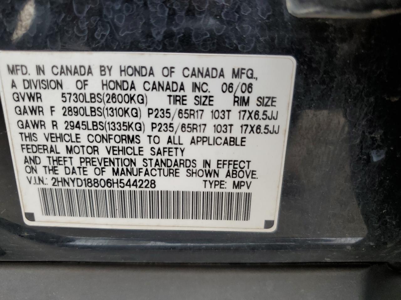 2006 Acura Mdx Touring VIN: 2HNYD18806H544228 Lot: 66941215