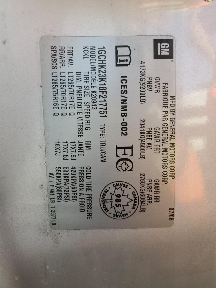 2008 Chevrolet Silverado K2500 Heavy Duty VIN: 1GCHK23K18F217751 Lot: 70758865