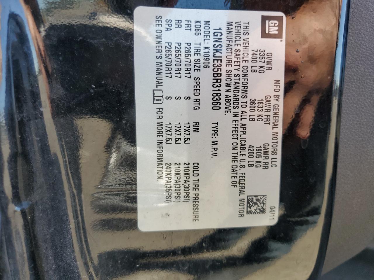 2011 Chevrolet Suburban K1500 Lt VIN: 1GNSKJE35BR318360 Lot: 70370585