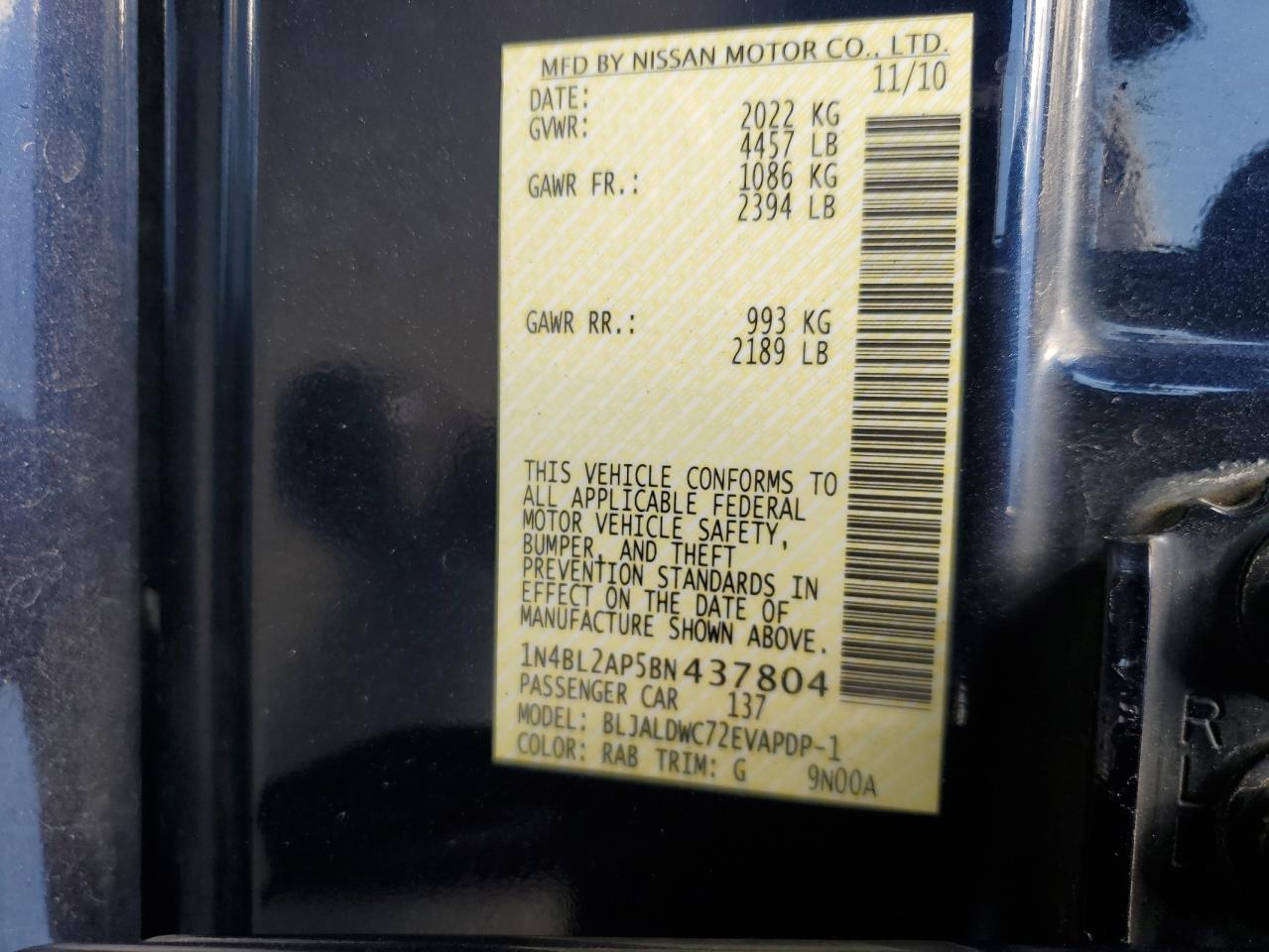 2011 Nissan Altima Sr VIN: 1N4BL2AP5BN437804 Lot: 70425195