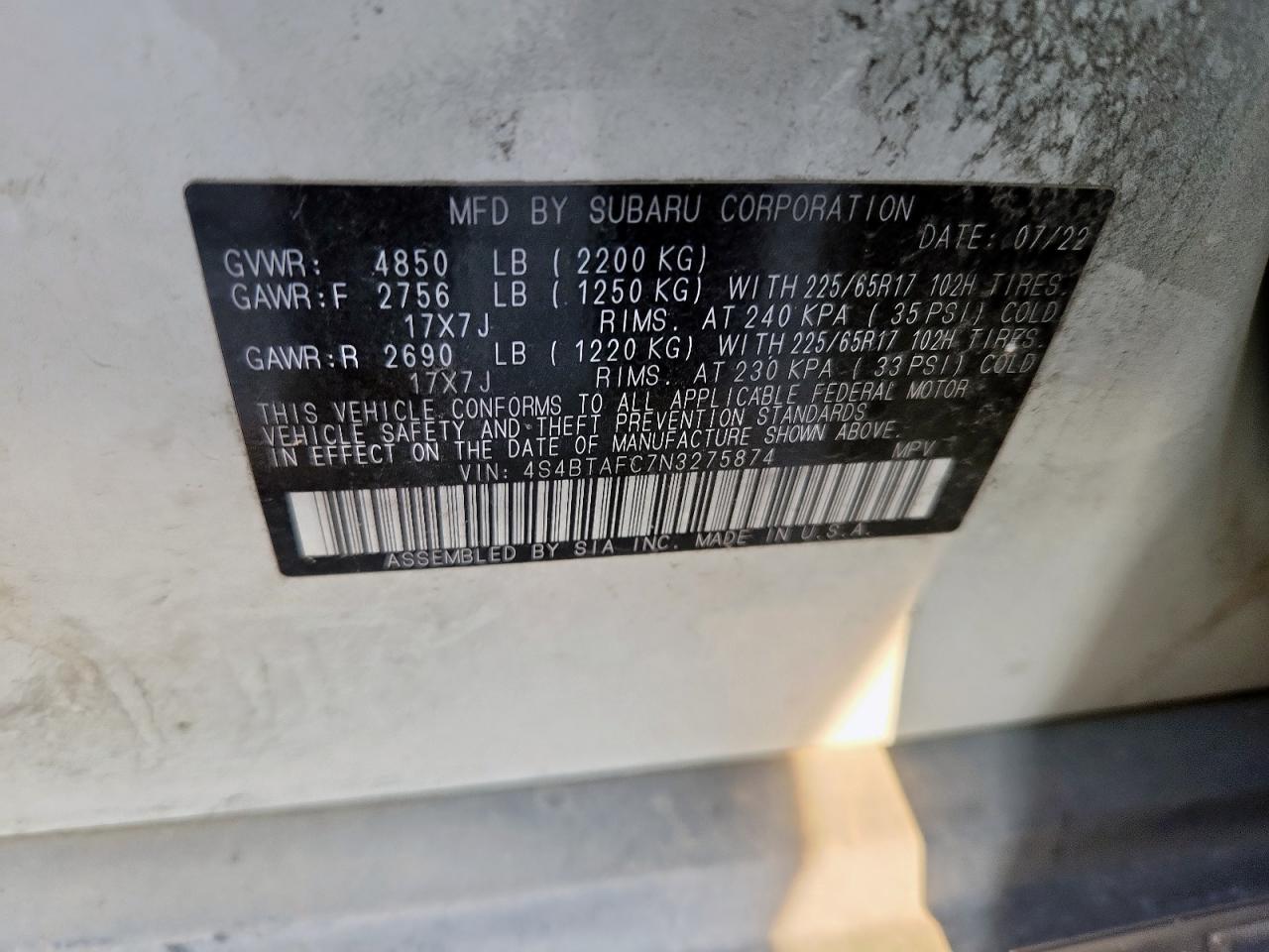 2022 Subaru Outback Premium VIN: 4S4BTAFC7N3275874 Lot: 70277155