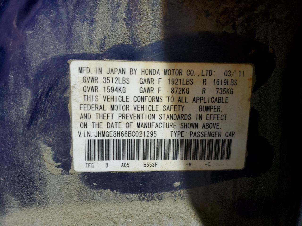 2011 Honda Fit Sport VIN: JHMGE8H66BC021295 Lot: 67997555