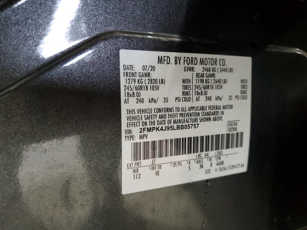 2020 Ford Edge Sel VIN: 2FMPK4J95LBB05757 Lot: 69204155