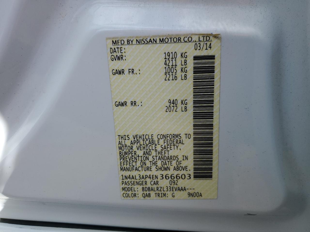 2014 Nissan Altima 2.5 VIN: 1N4AL3AP4EN366603 Lot: 69571195