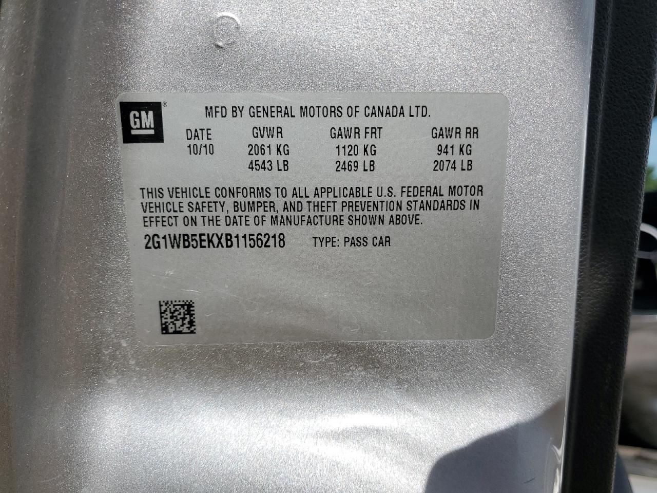 2011 Chevrolet Impala Lt VIN: 2G1WB5EKXB1156218 Lot: 70995165