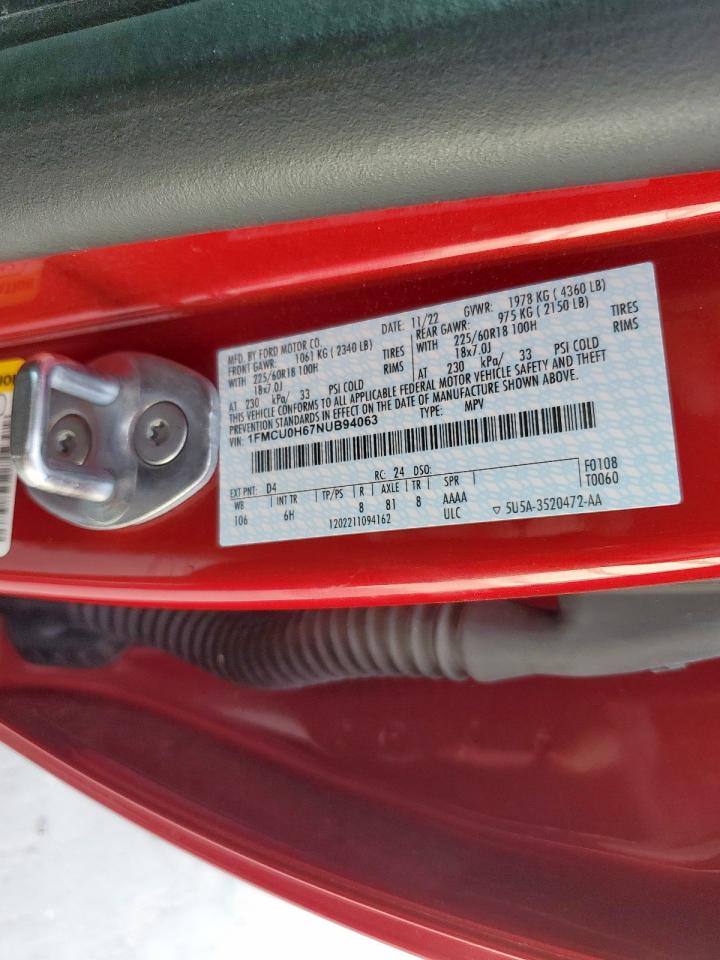 2022 Ford Escape Sel VIN: 1FMCU0H67NUB94063 Lot: 70121905