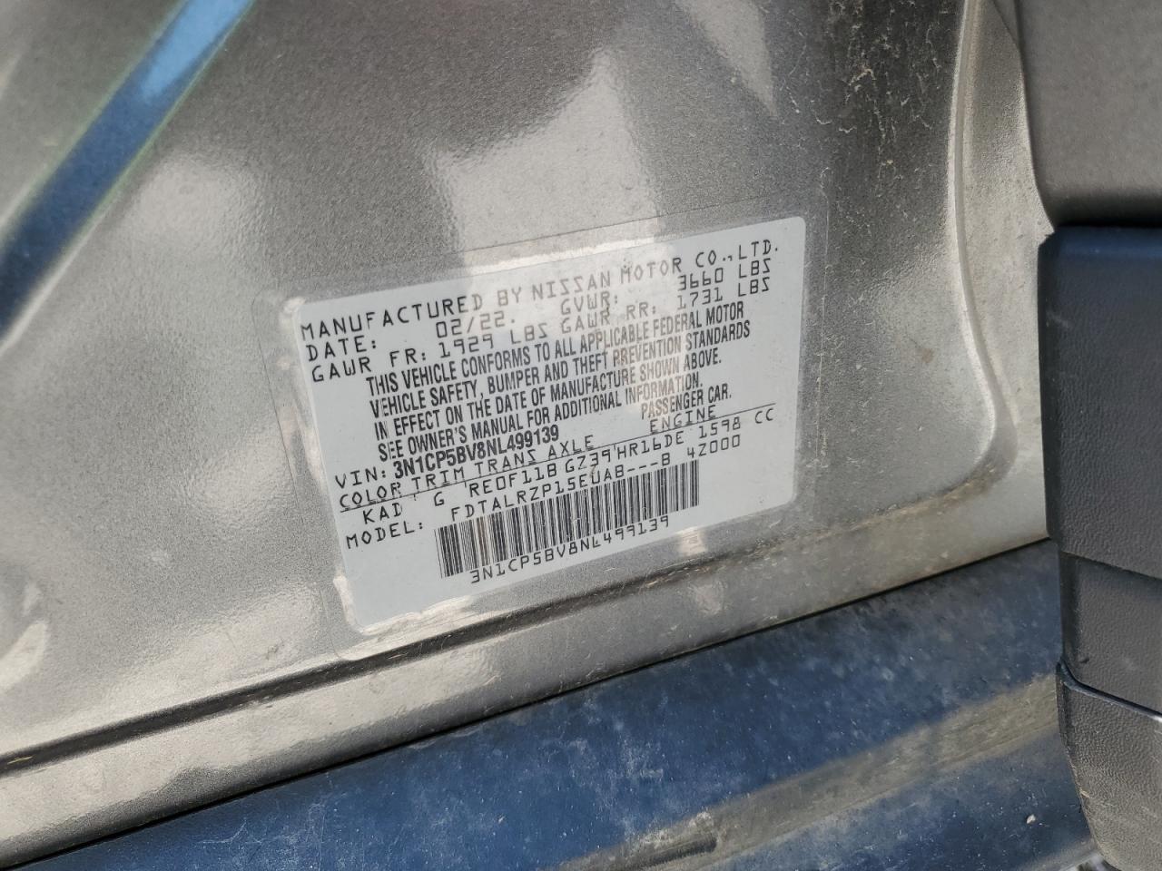 2022 Nissan Kicks S VIN: 3N1CP5BV8NL499139 Lot: 67437355