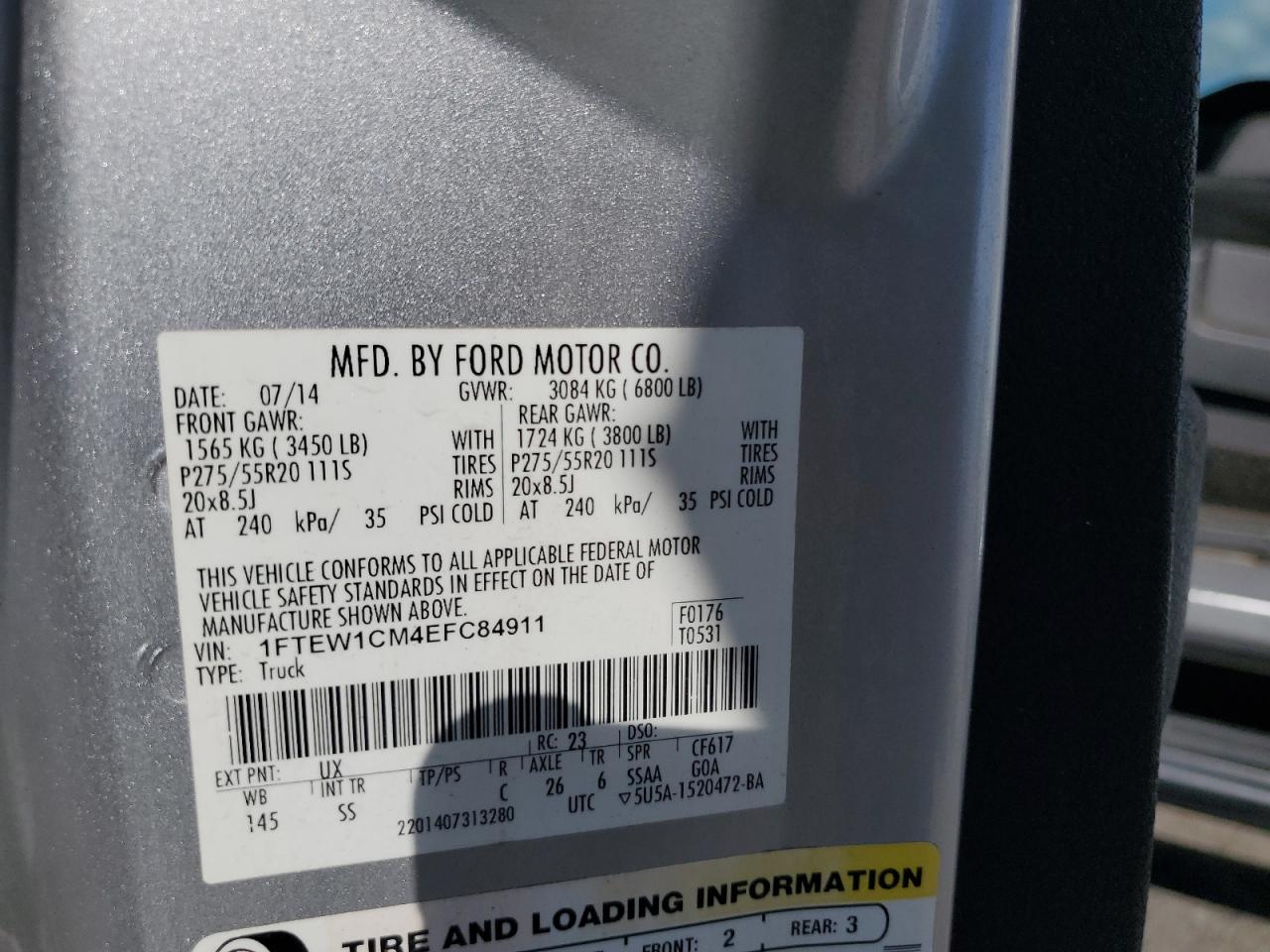 2014 Ford F150 Supercrew VIN: 1FTEW1CM4EFC84911 Lot: 68851455