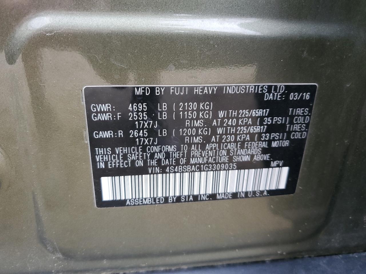 2016 Subaru Outback 2.5I VIN: 4S4BSBAC1G3309035 Lot: 66920325