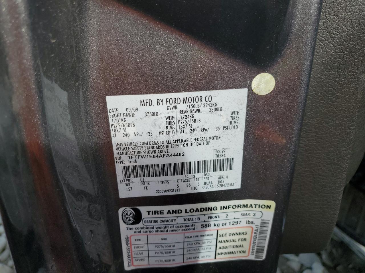 2010 Ford F150 Supercrew VIN: 1FTFW1E84AFA44482 Lot: 70813485