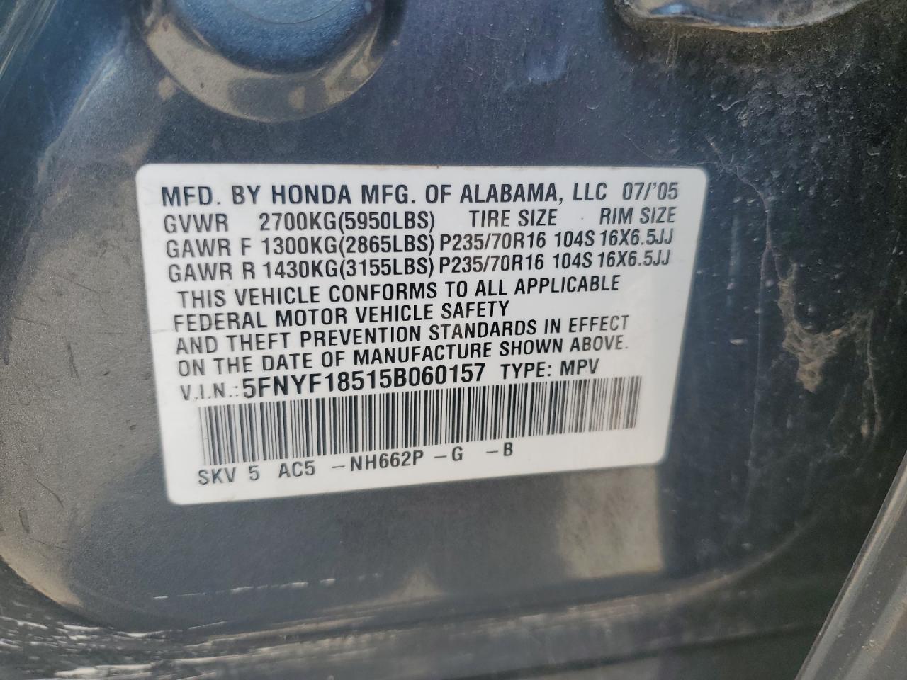 2005 Honda Pilot Exl VIN: 5FNYF18515B060157 Lot: 68288095
