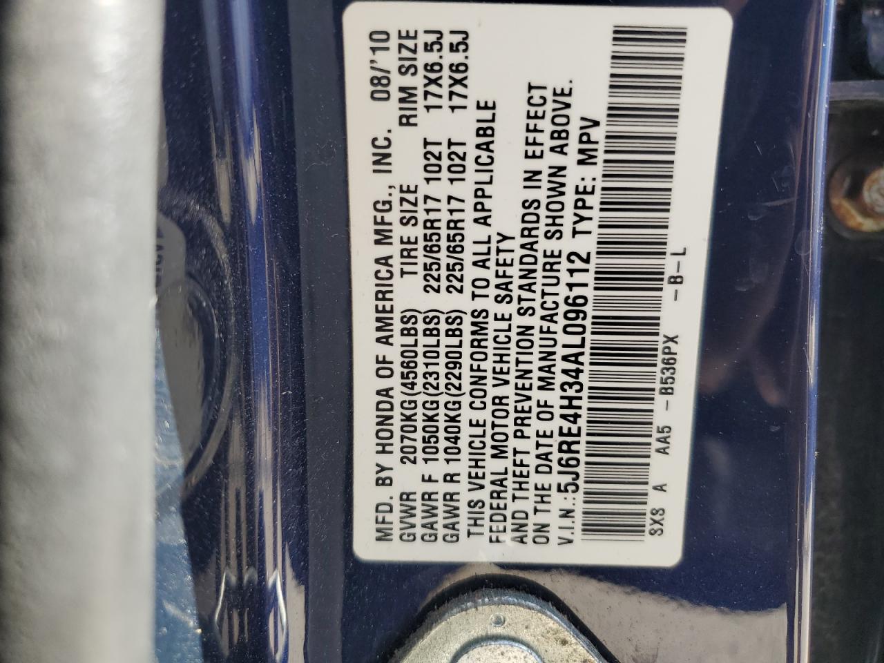 2010 Honda Cr-V Lx VIN: 5J6RE4H34AL096112 Lot: 70330575