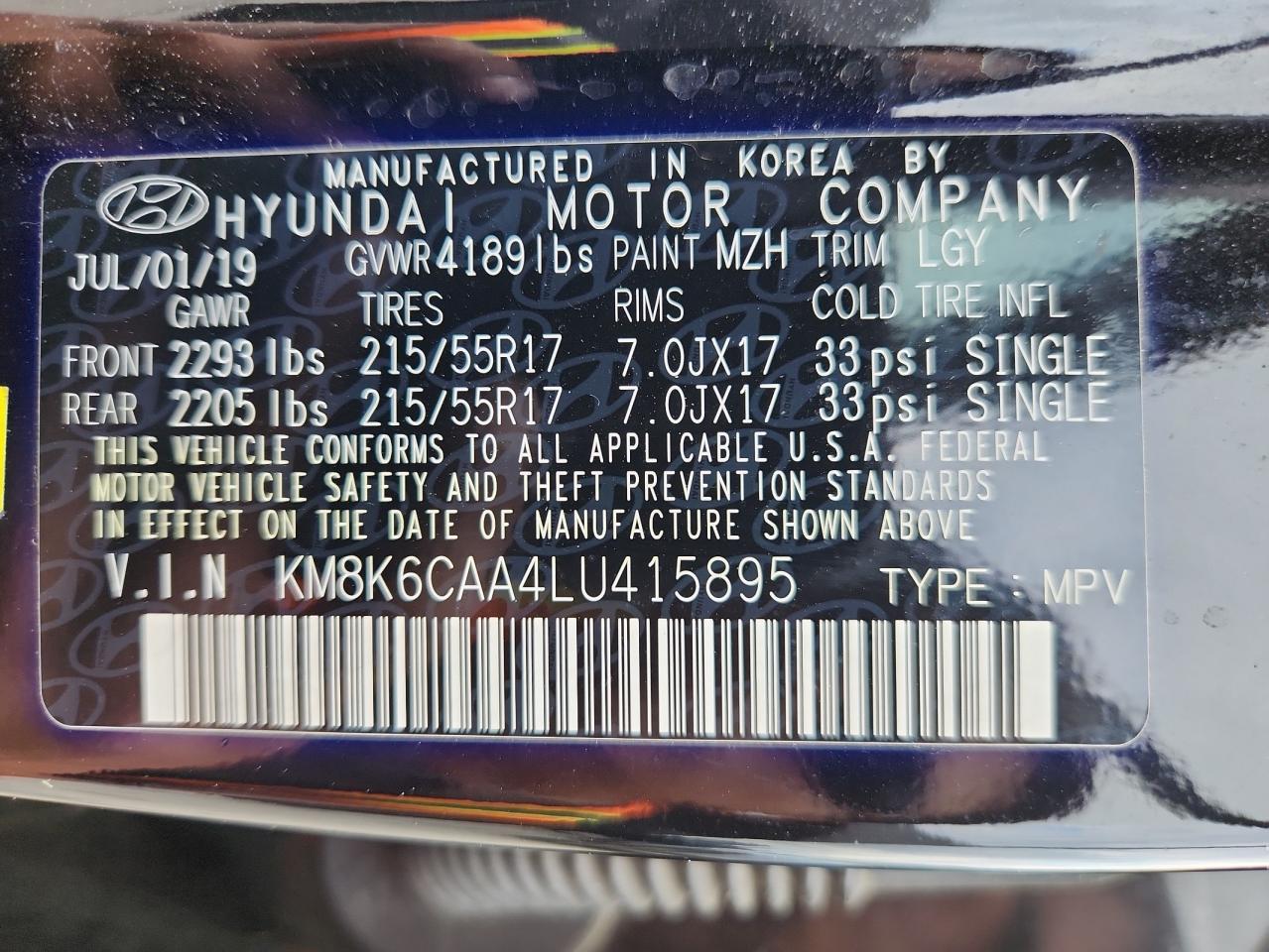 2020 Hyundai Kona Sel Plus VIN: KM8K6CAA4LU415895 Lot: 69675385