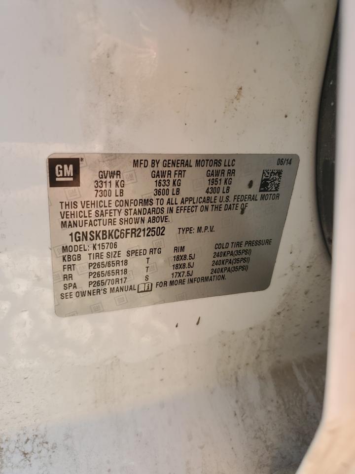 2015 Chevrolet Tahoe K1500 Lt VIN: 1GNSKBKC6FR212502 Lot: 67140865