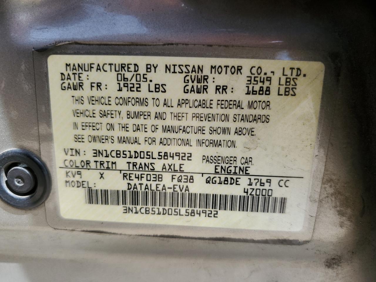 2005 Nissan Sentra 1.8 VIN: 3N1CB51D05L584922 Lot: 69706235