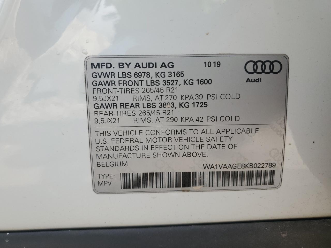 2019 Audi E-Tron Prestige VIN: WA1VAAGE8KB022789 Lot: 68432675