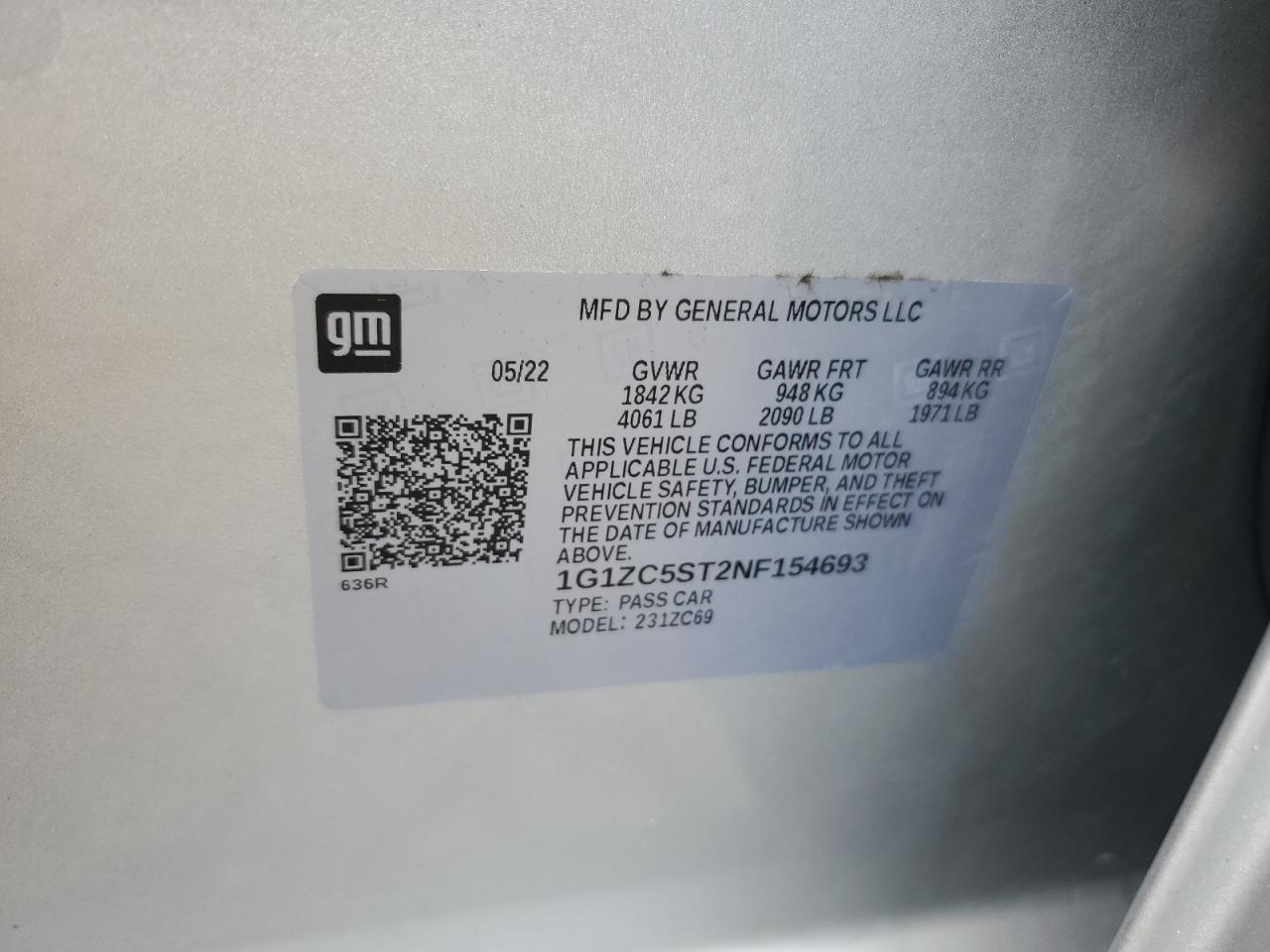 2022 Chevrolet Malibu Ls VIN: 1G1ZC5ST2NF154693 Lot: 68028955