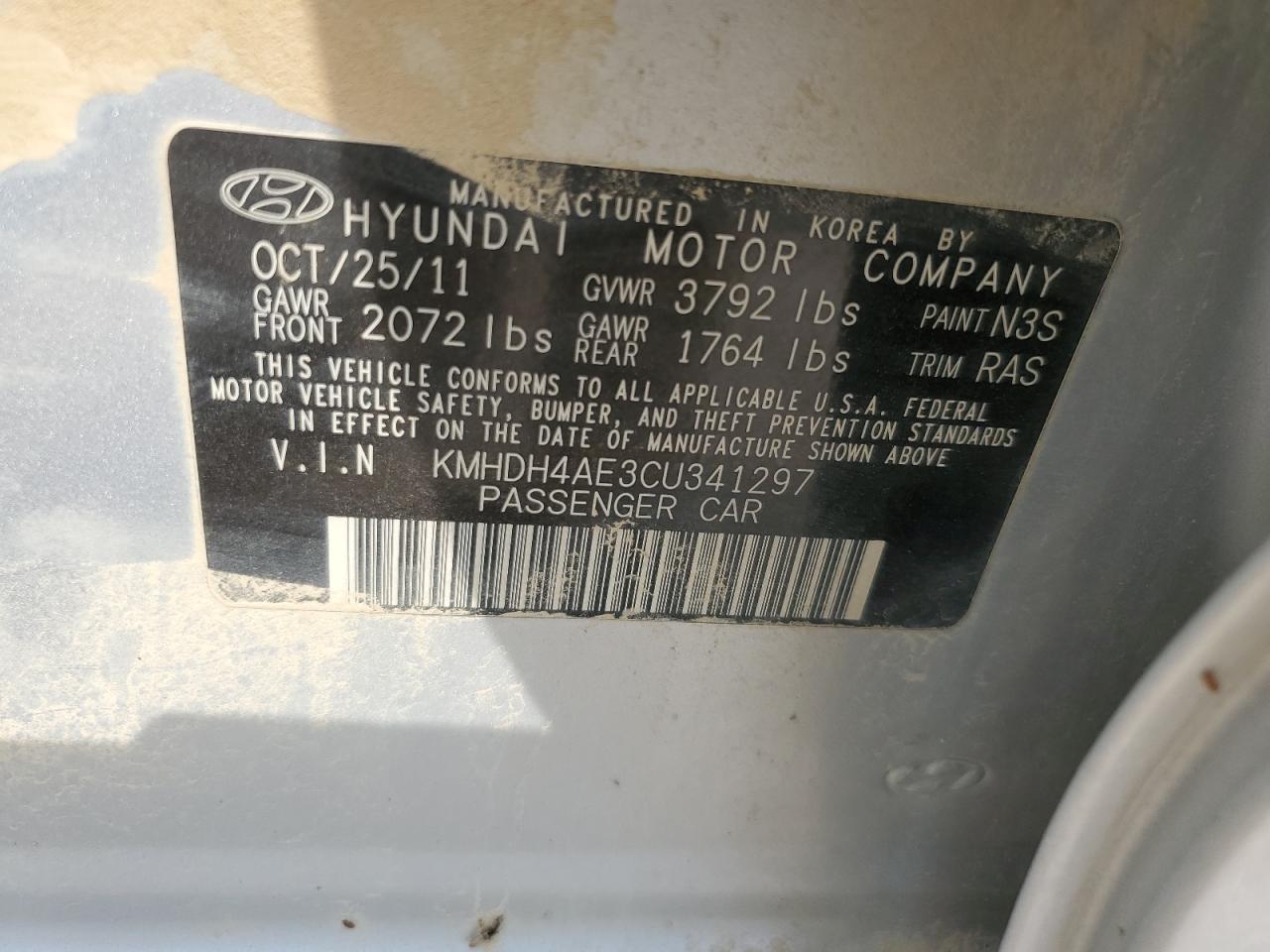 2012 Hyundai Elantra Gls VIN: KMHDH4AE3CU341297 Lot: 68307585