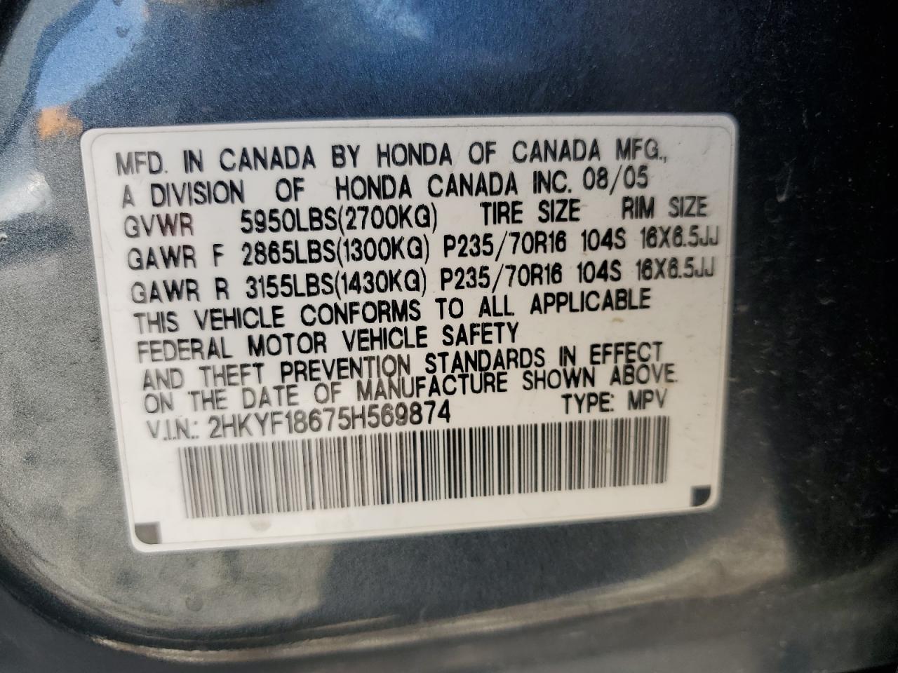 2005 Honda Pilot Exl VIN: 2HKYF18675H569874 Lot: 69109225