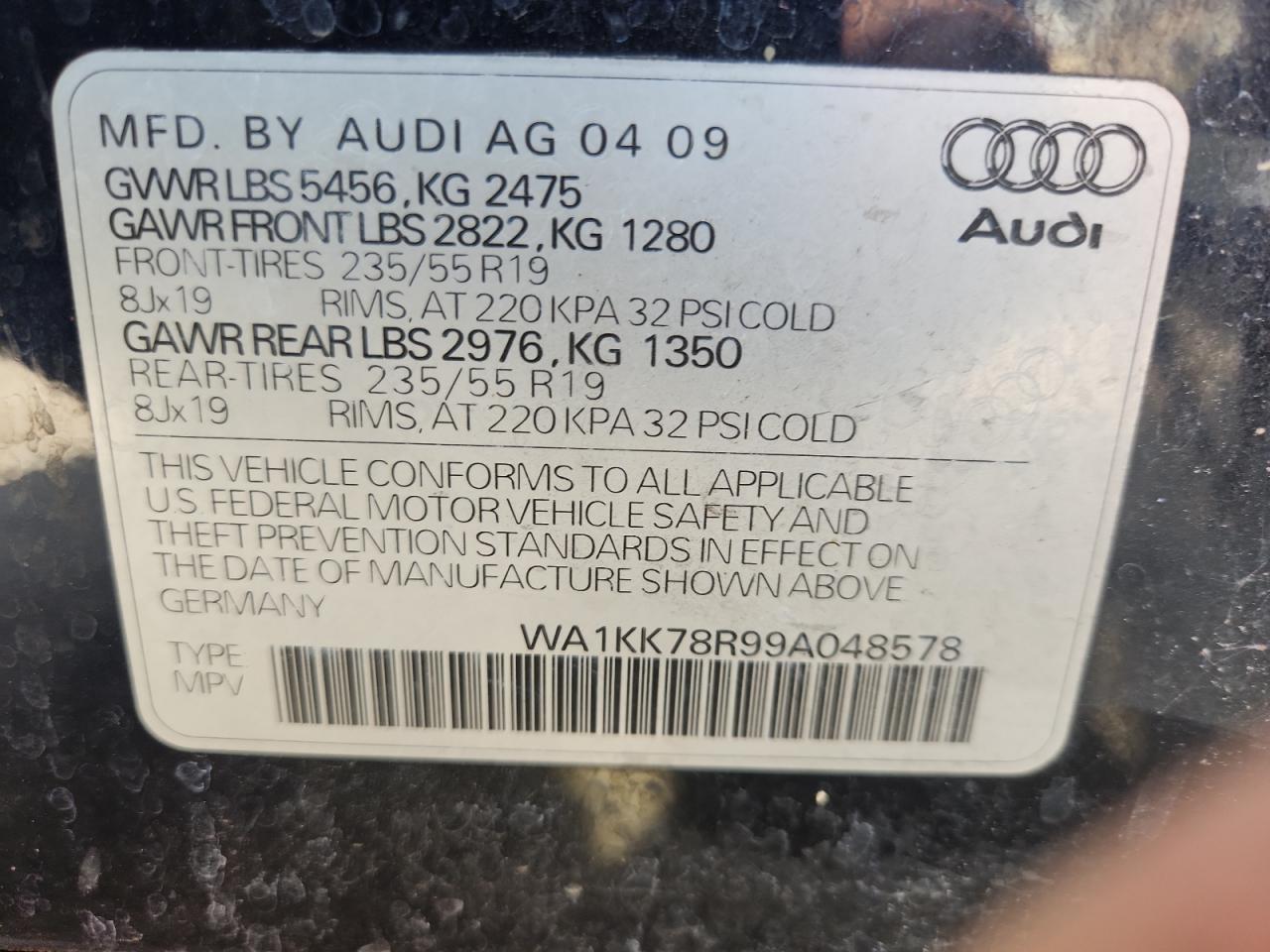 2009 Audi Q5 3.2 VIN: WA1KK78R99A048578 Lot: 70261815