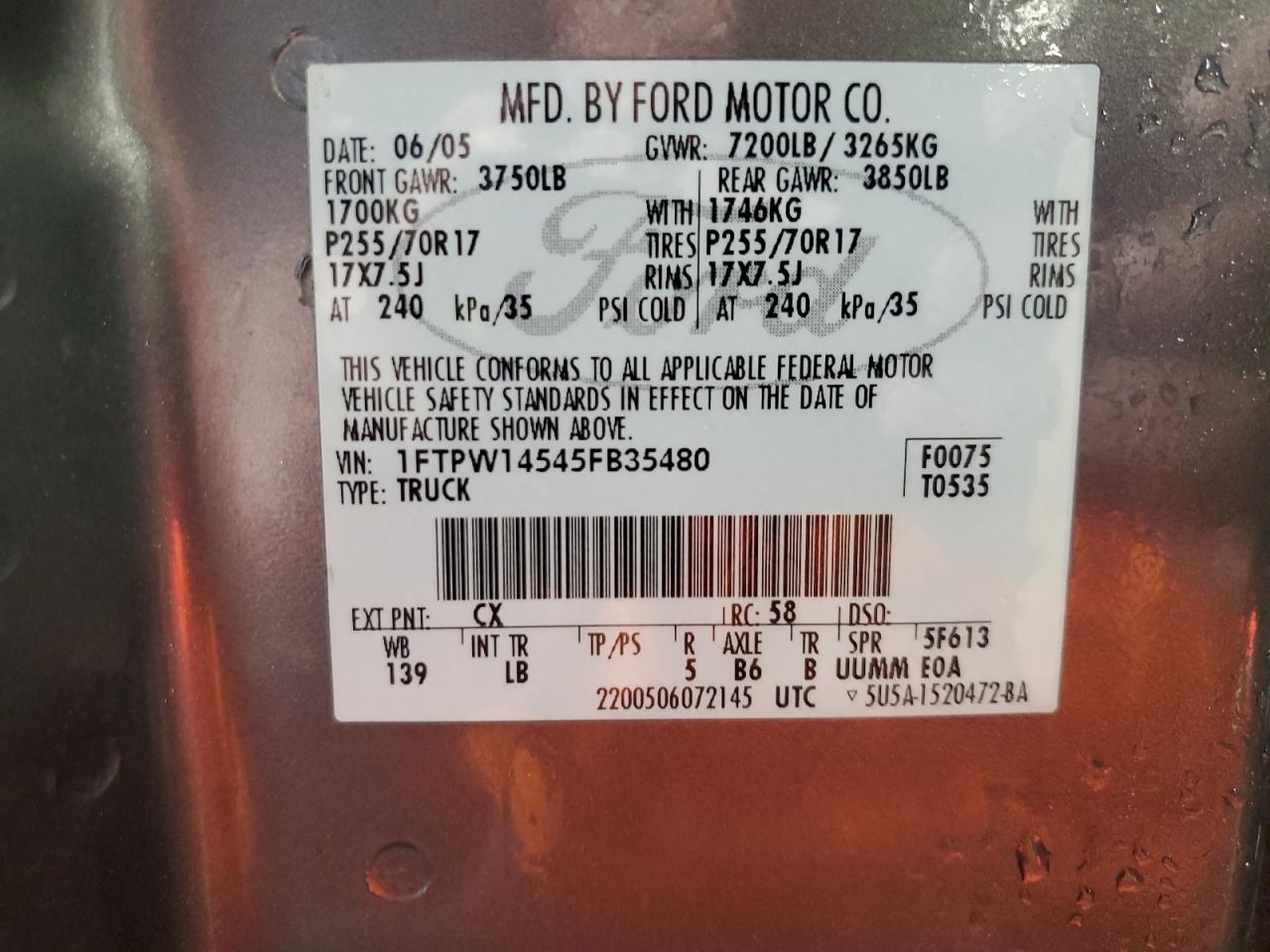 2005 Ford F150 Supercrew VIN: 1FTPW14545FB35480 Lot: 67032485