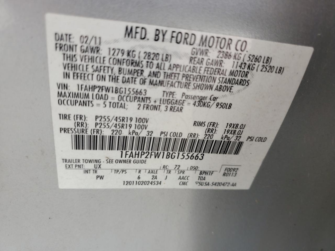 2011 Ford Taurus Limited VIN: 1FAHP2FW1BG155663 Lot: 66293165