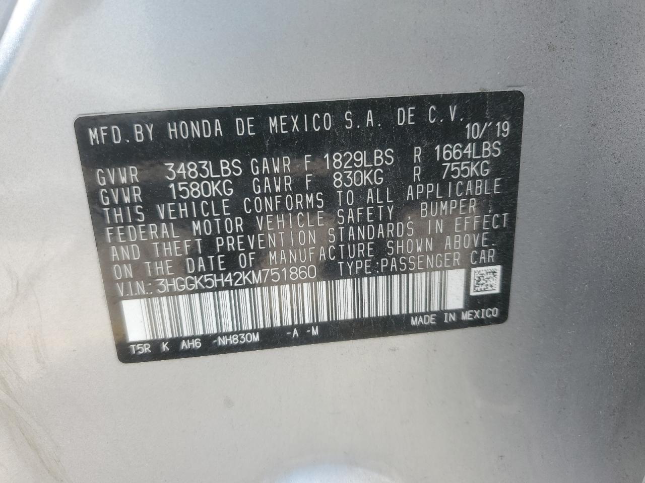 2019 Honda Fit Lx VIN: 3HGGK5H42KM751860 Lot: 68761865