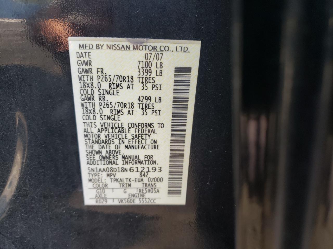 2008 Nissan Armada Se VIN: 5N1AA08D18N612193 Lot: 67735485