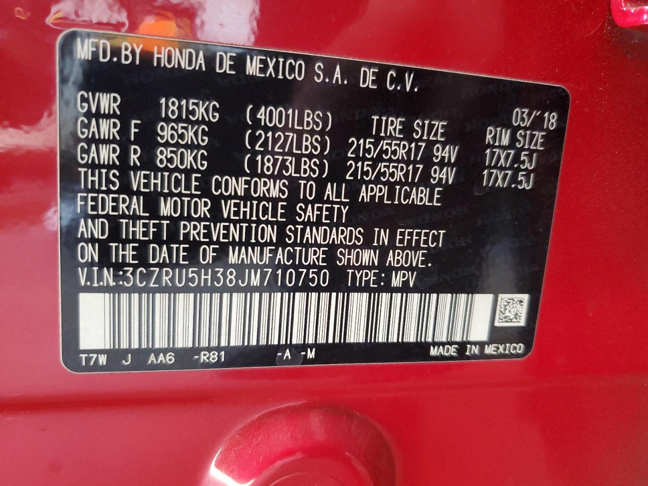 2018 Honda Hr-V Lx VIN: 3CZRU5H38JM710750 Lot: 68727665