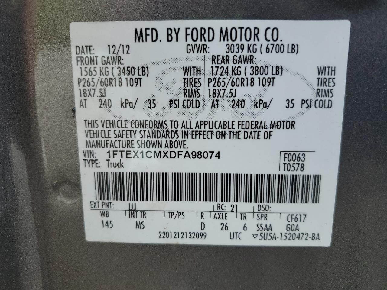 2013 Ford F150 Super Cab VIN: 1FTEX1CMXDFA98074 Lot: 67113645