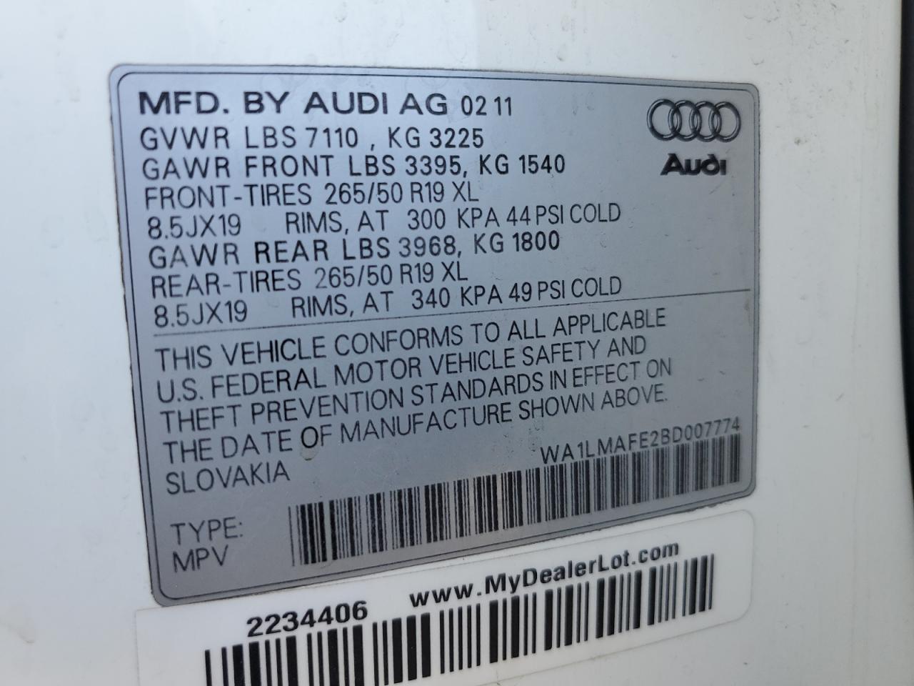 2011 Audi Q7 Premium Plus VIN: WA1LMAFE2BD007774 Lot: 70524705