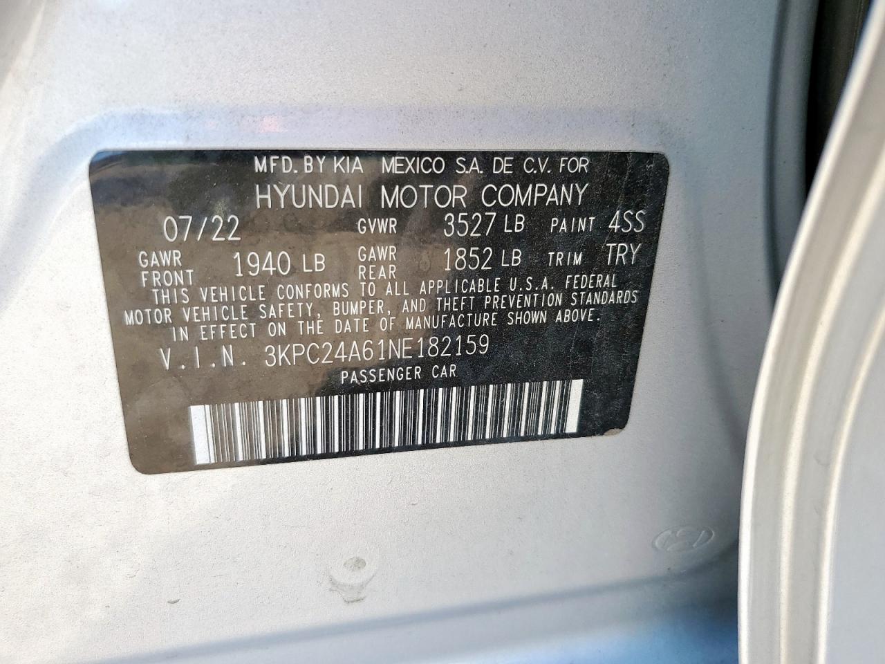 2022 Hyundai Accent Se VIN: 3KPC24A61NE182159 Lot: 67562245