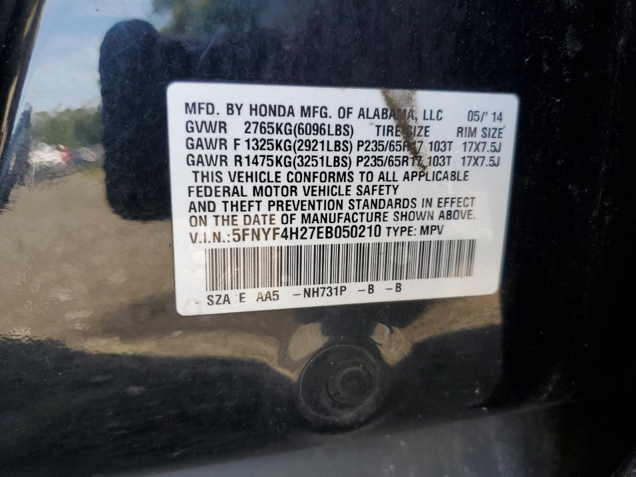 2014 Honda Pilot Lx VIN: 5FNYF4H27EB050210 Lot: 69564945