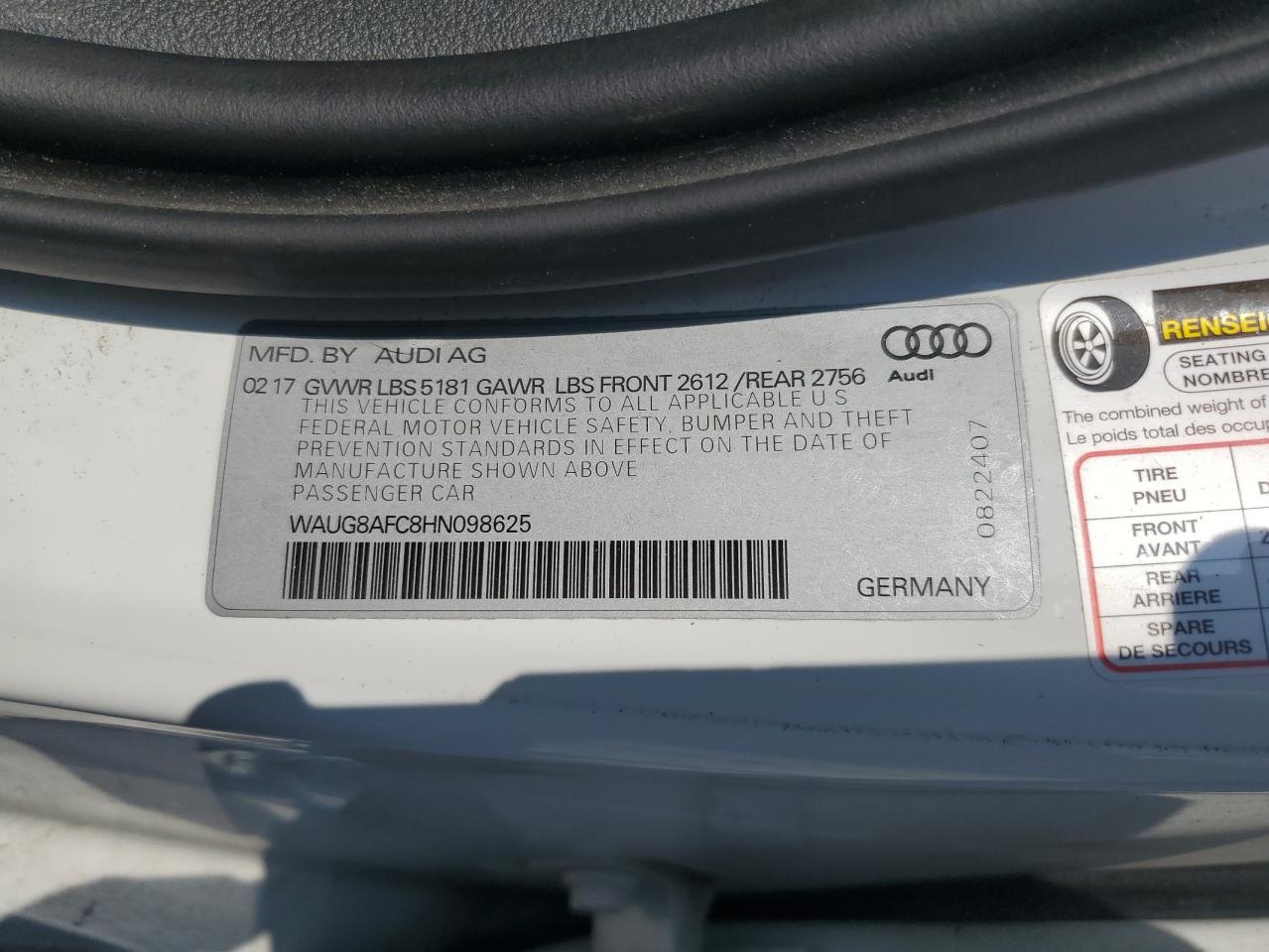 2017 Audi A6 Premium Plus VIN: WAUG8AFC8HN098625 Lot: 67197335